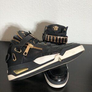Versace Medusa High Top Sneakers – Black Leather Gold Hardware – Men’s Size 44